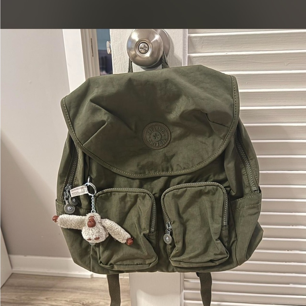 Kipling Olive Green Nylon Backpack with Monkey Keychain